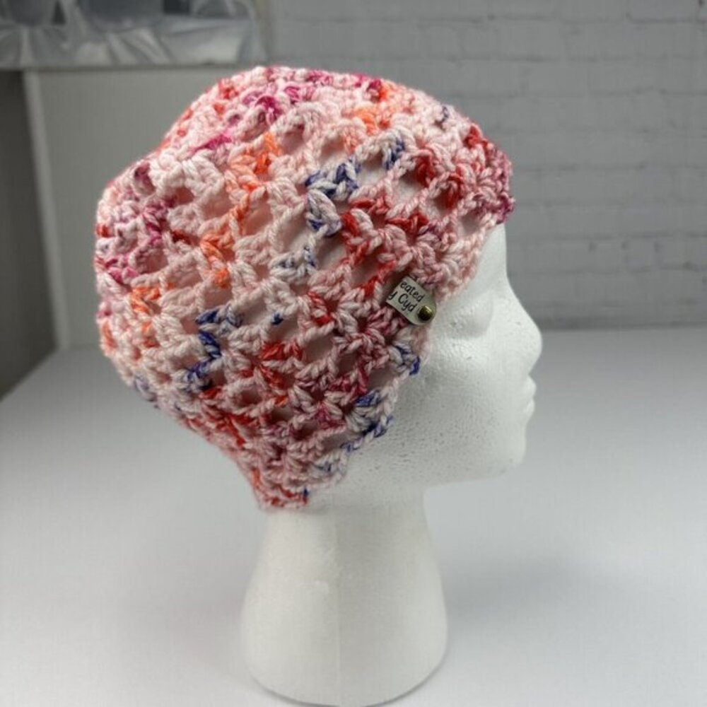 Created by Cyd Lacy Cloche Handmade Crochet Beanie Pink Multi Variegated NEW